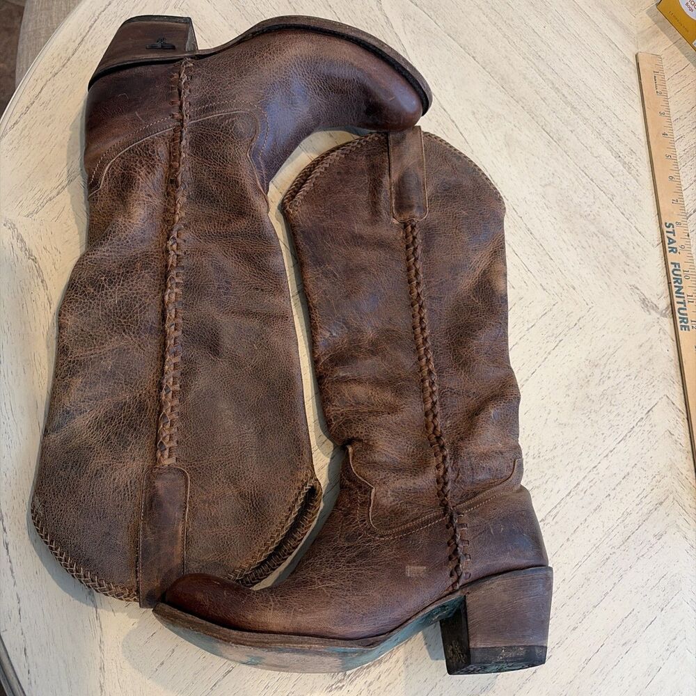 LANE Women's Plain Jane Distressed Brown Leather Western Tall Braided Boots 9